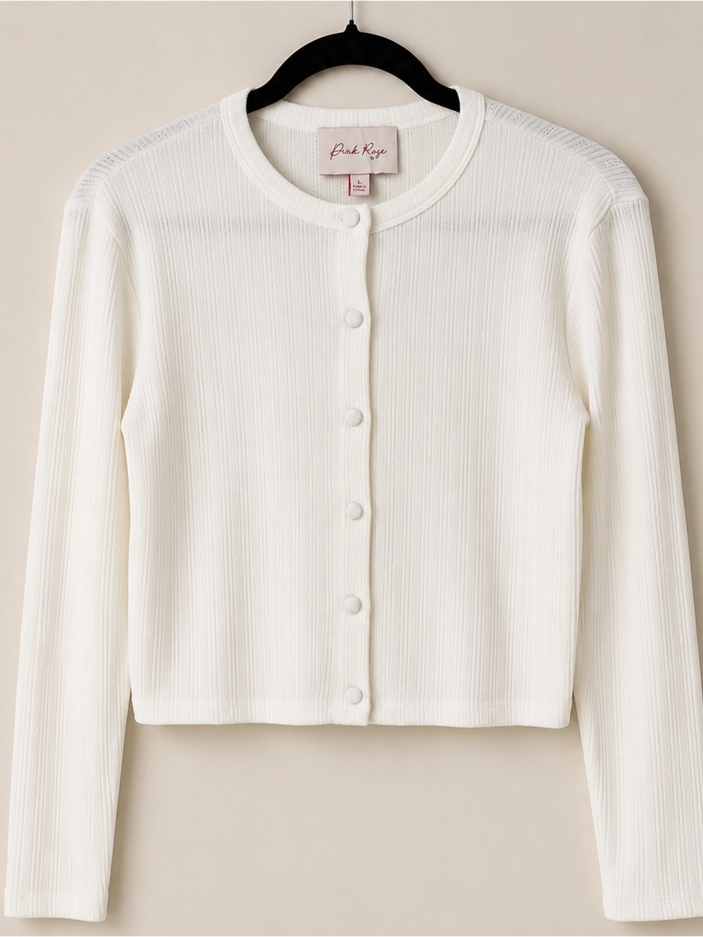 Pink Rose Ivory Ribbed Cropped Button Front Cardigan Sweater Size Large